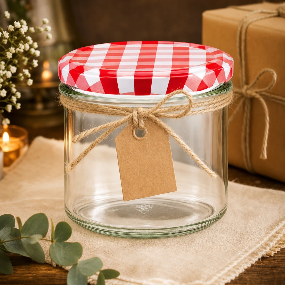 225 ml glazen pot leeg met rood en wit geblokt deksel als geschenkverpakking versierd met jute koord en label