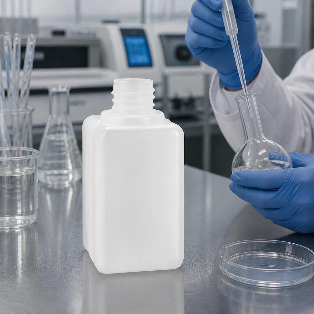 Stevige PE-HD-laboratoriumfles van 50 ml met smalle hals (GL 18) en brede schroefdop
