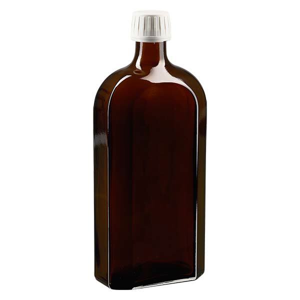 500 ml bruine meplatfles met PP 28 monding, inclusief schroefsluiting DIN 22 witt van EPE 500 ml bruine meplatfles met PP 28 monding, inclusief schroefsluiting DIN 22 witt van EPE