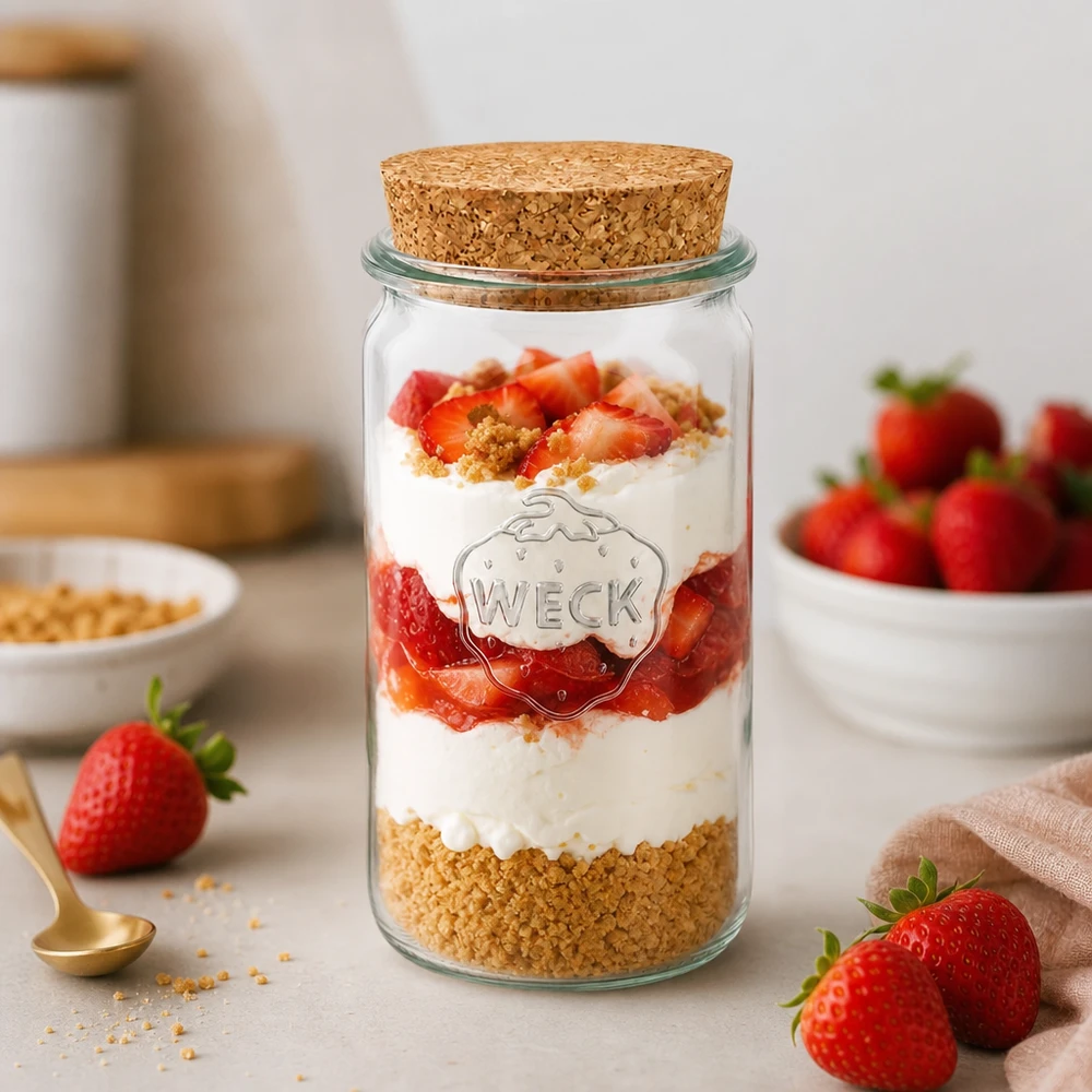 340ml cilinderglas WECK RR60 met kurk WECK pot 340ml RR60 als dessertpot gevuld met aardbeien en slagroom laat het veelzijdige gebruik van de kurken pot zien