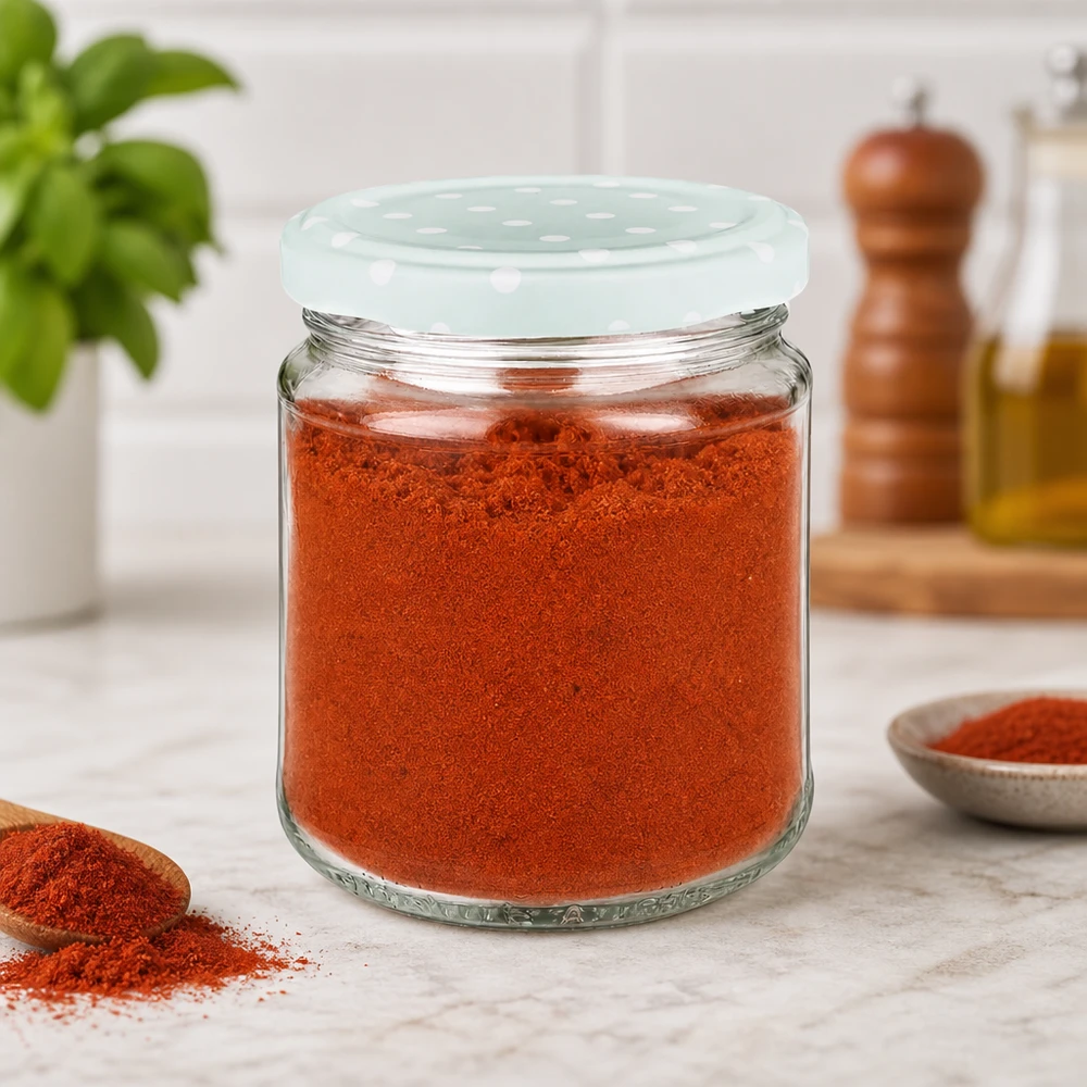 212 ml ronde pot gevuld met rode paprikapoeder, mint BasicSeal deksel met stippen, keukenscène met kruiden