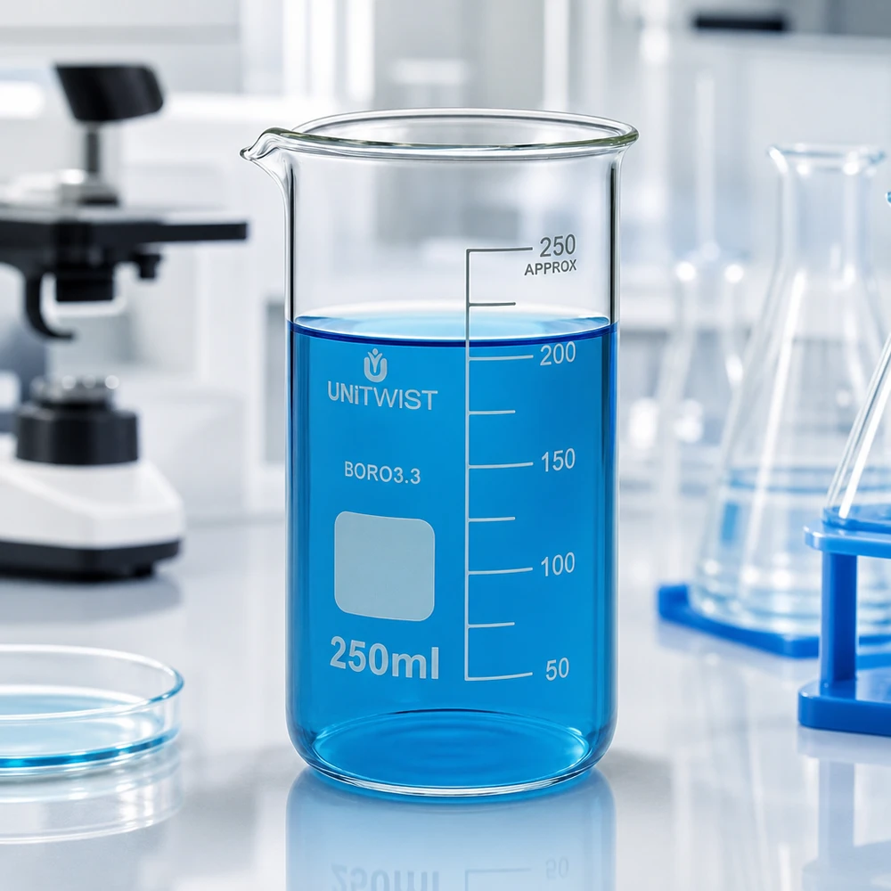 Doorzichtig laboratoriumbekerglas van 250 ml, hoog model met witte maatverdeling tot 250 ml