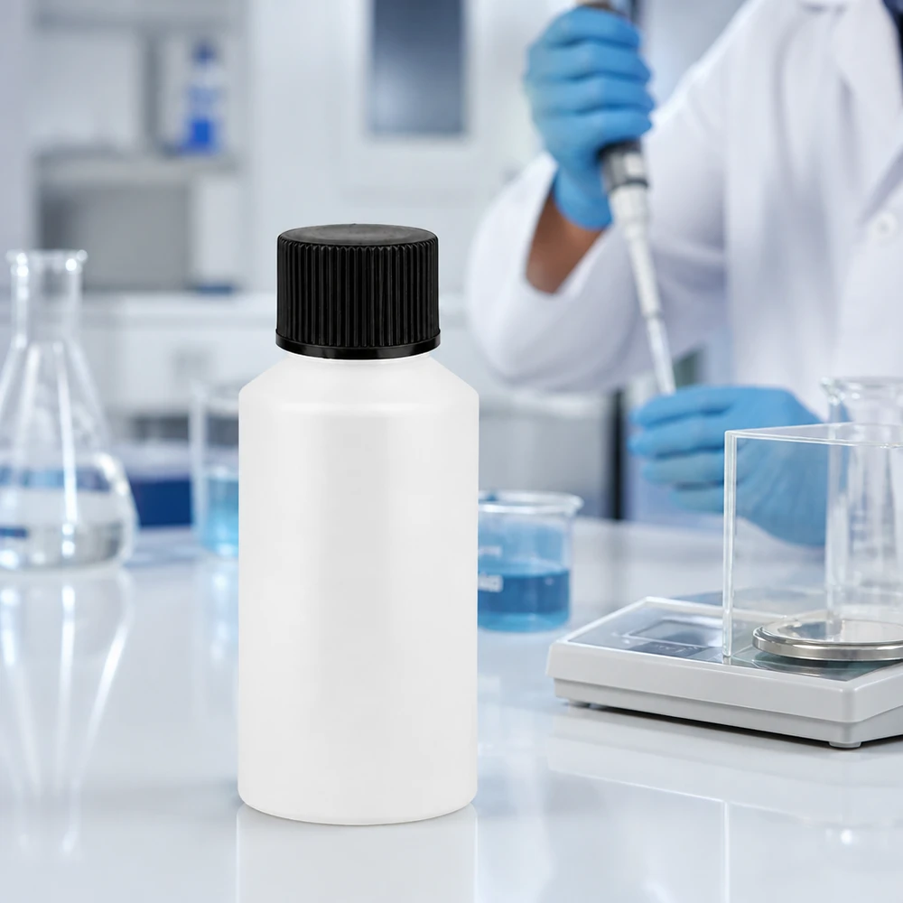 PET cilinderfles 50ml wit met schroefsluiting zwart Compacte ronde HDPE-fles van 50 ml, wit met zwarte dop, geschikt voor de farmaceutische en chemische industrie