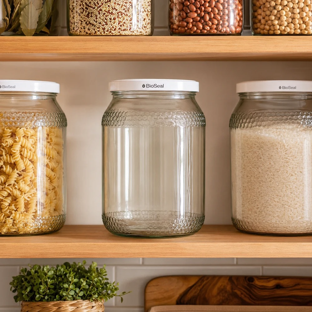 900 ml honingpot met wit BioSeal deksel op het opbergschap tussen pasta en rijst als keukenopbergoplossing