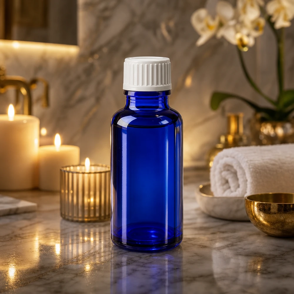 Ronde blauwe glazen fles van 20 ml met een geribbelde witte schroefdop in een spa-omgeving