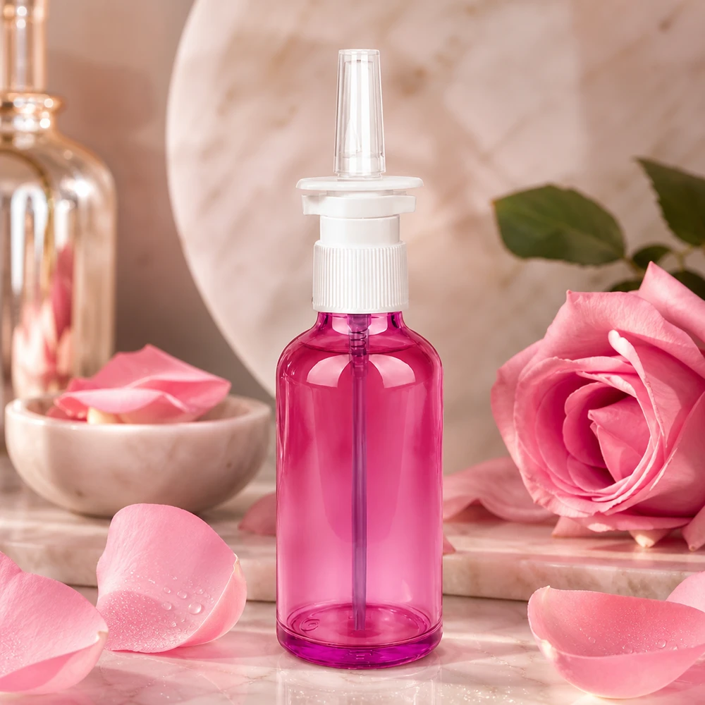 50ml neussprayfles wit/transparant standaard PurpleLine. UT18/50 Hygiënische 50ml sprayflacon voor neusmedicatie in een aantrekkelijk paars ontwerp