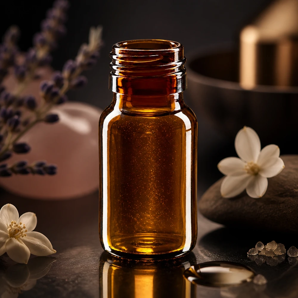 Compact bruin glazen flesje 30ml met PP28 aansluiting voor aromatherapie en essentiële oliën