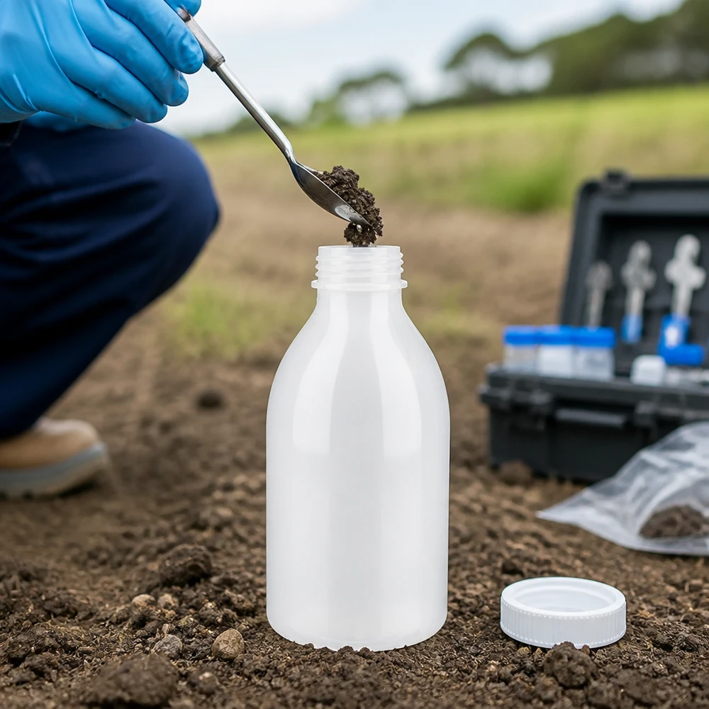 Laboratoriumfles van 250 ml met smalle hals, gemaakt van HDPE, voor het verzamelen van bodemmonsters met laboratoriumapparatuur