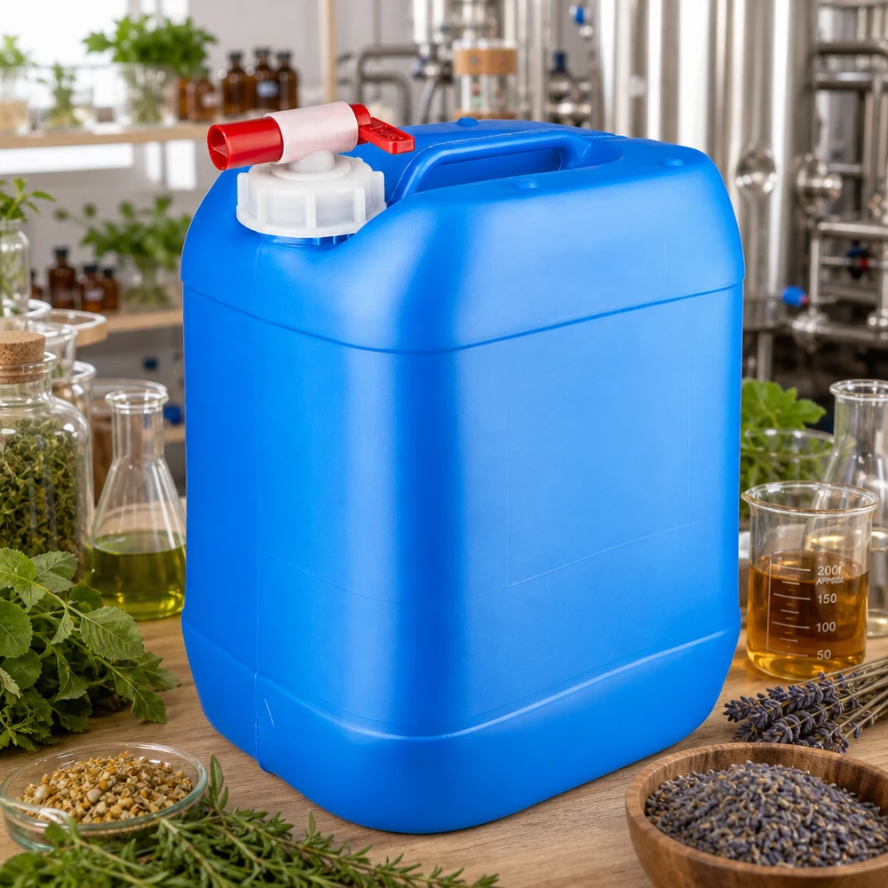 Canister 20 liter blauw met tapkraan Distillatiekan van 20 liter in blauw met rode kraan voor etherische oliën en kruidenextracten