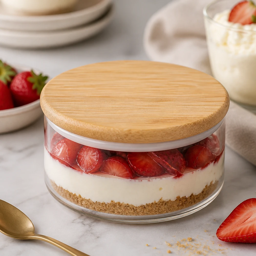 Houten deksel WECK RR80 WECK houten deksel RR80 versie A met aardbeientaart in een pot - praktische toepassing voor desserts en opslag
