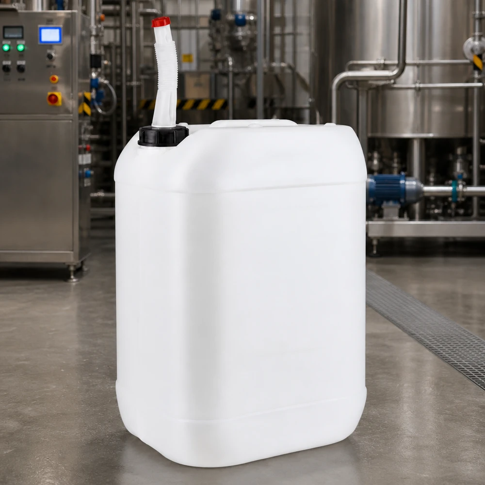 25l Jerrycan, UN-toelating, met aftapkraan flex Stapelbare vloeistofcontainer van 25 liter met flexibele slang voor industriële roestvrijstalen installaties