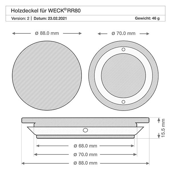 700ml delicatessenglas WECK RR80 met hout deksel Technische tekening WECK houten deksel RR80 met afmetingen 88mm 70mm 68mm diameter en 15,5mm hoogte versie A