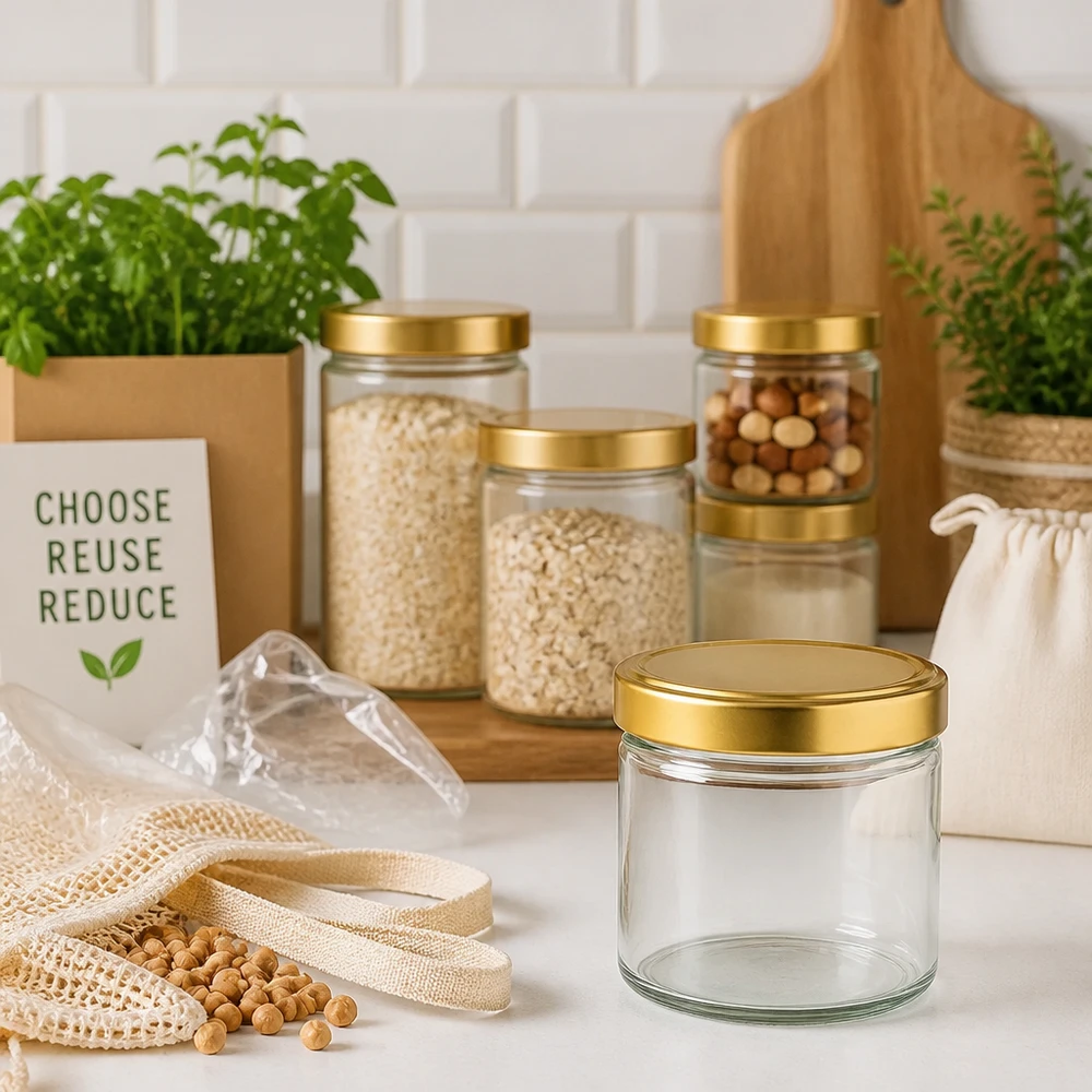 230 ml cilinderpot met gouden deksel in duurzame zero-waste keuken tussen voorraadpotten en eco-producten