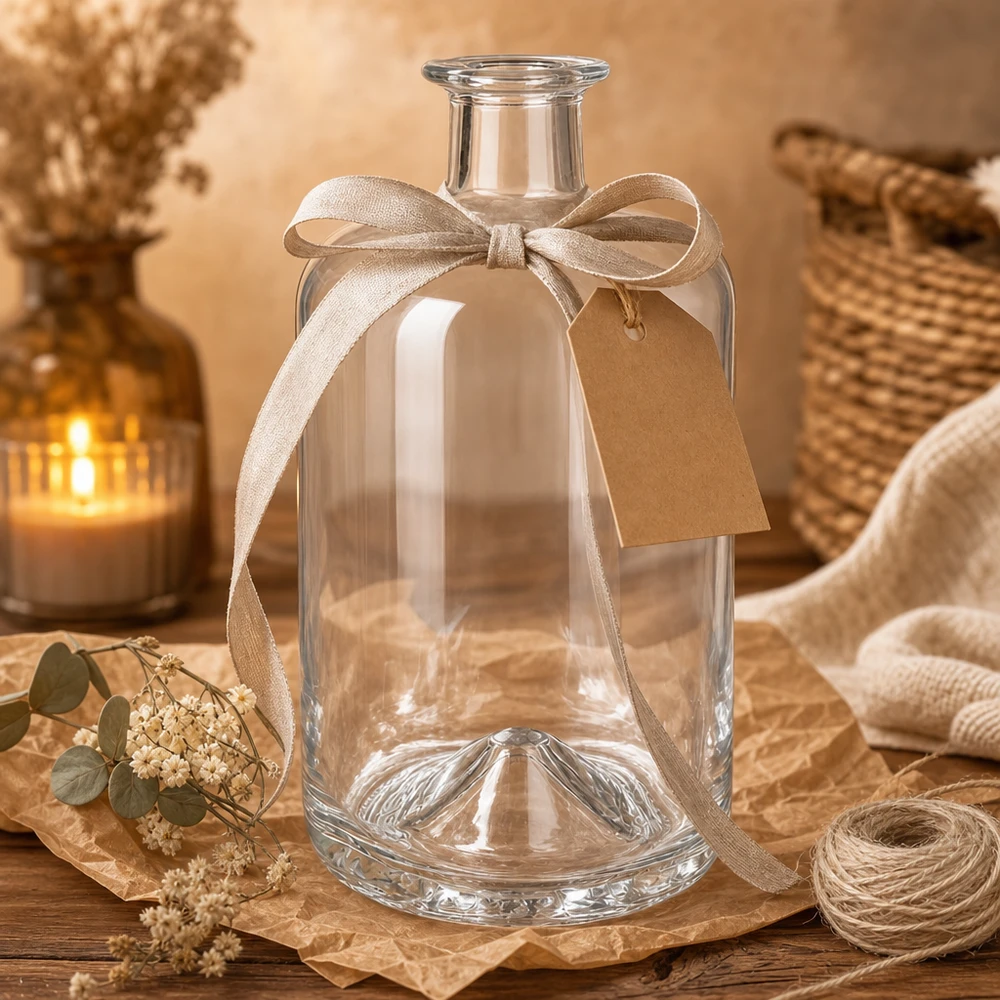 700 ml glazen fles Sofia leeg met decoratieve strik en cadeaulabel in een gezellige ambiance