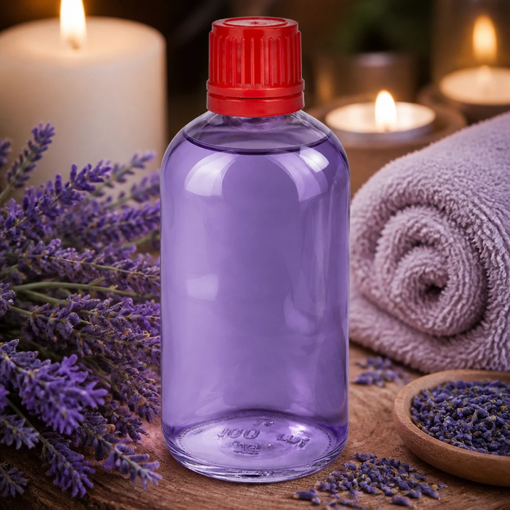 Paarse ClearLine-fles van 100 ml met rode OV-dop tussen verse lavendelbloemen in de spa