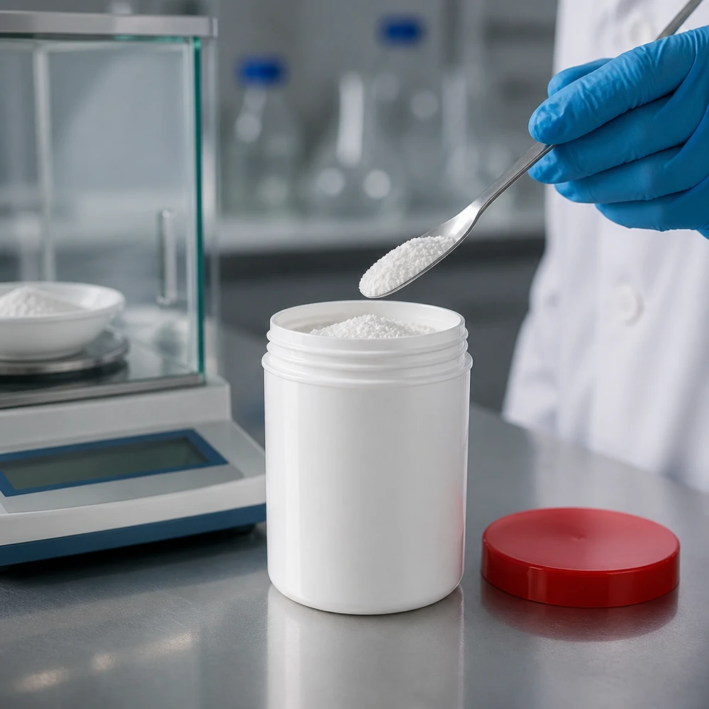 Stevige zalfpot van 50 g in wit met een rode PP-deksel voor apotheken en laboratoria