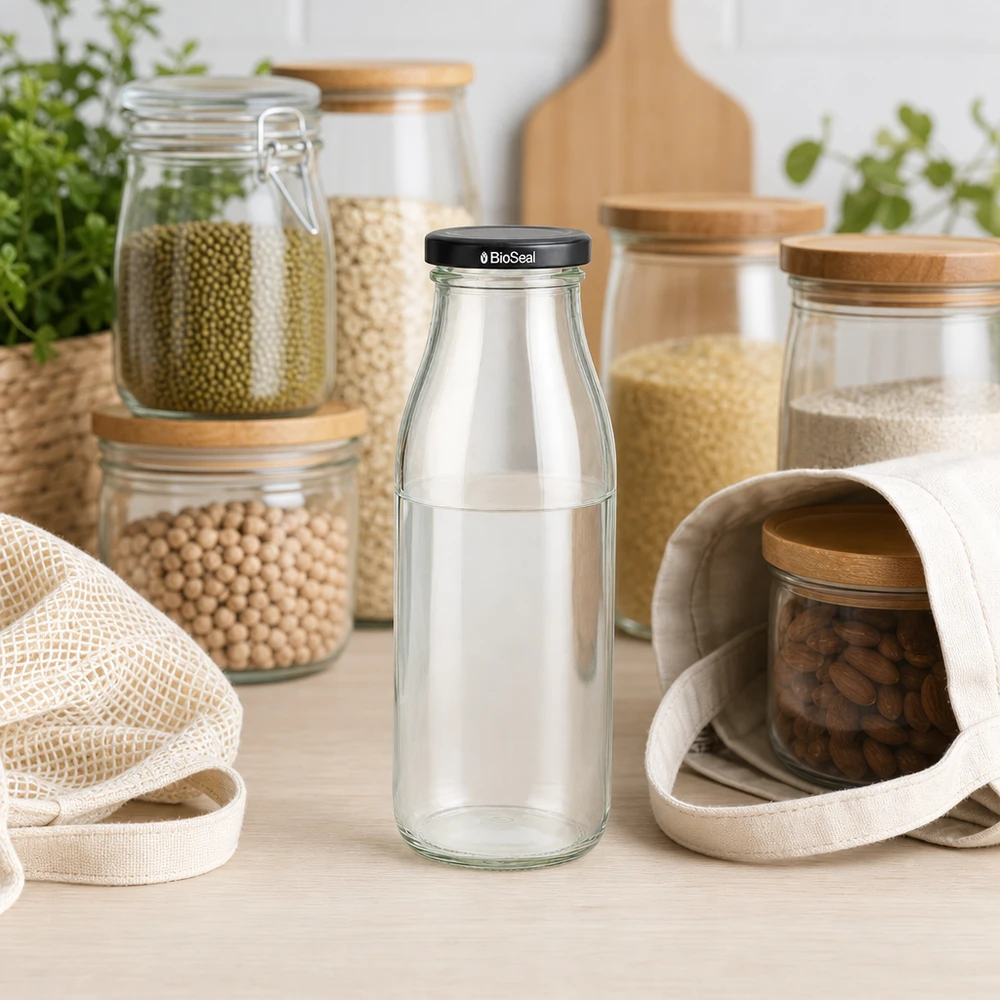 500 ml glazen fles met zwart BioSeal deksel in een duurzame keukenomgeving met voorraadpotten en jute zakken