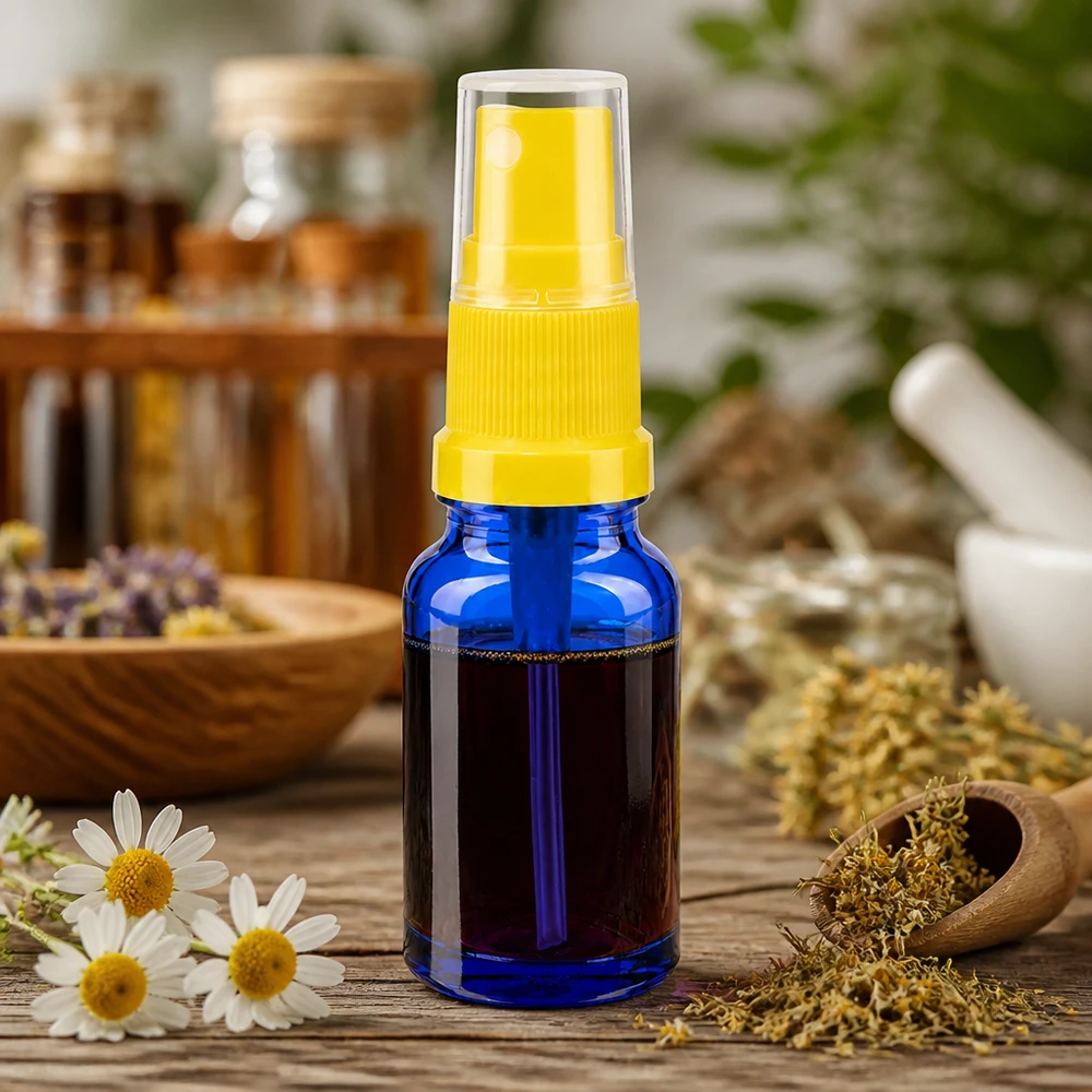 10ml spuitfles geel/tr. STD BlueLine UT18/10 Navulbaar glazen flesje van 10 ml met verstuiveropzetstuk voor natuurlijke cosmetica BlueLine UT18 10