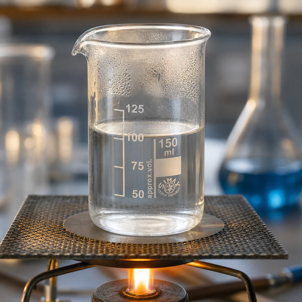 Maatbeker van 150 ml, hoog model, met schaalverdeling van 50 tot 125 ml, bij verhitting op een gasbrander
