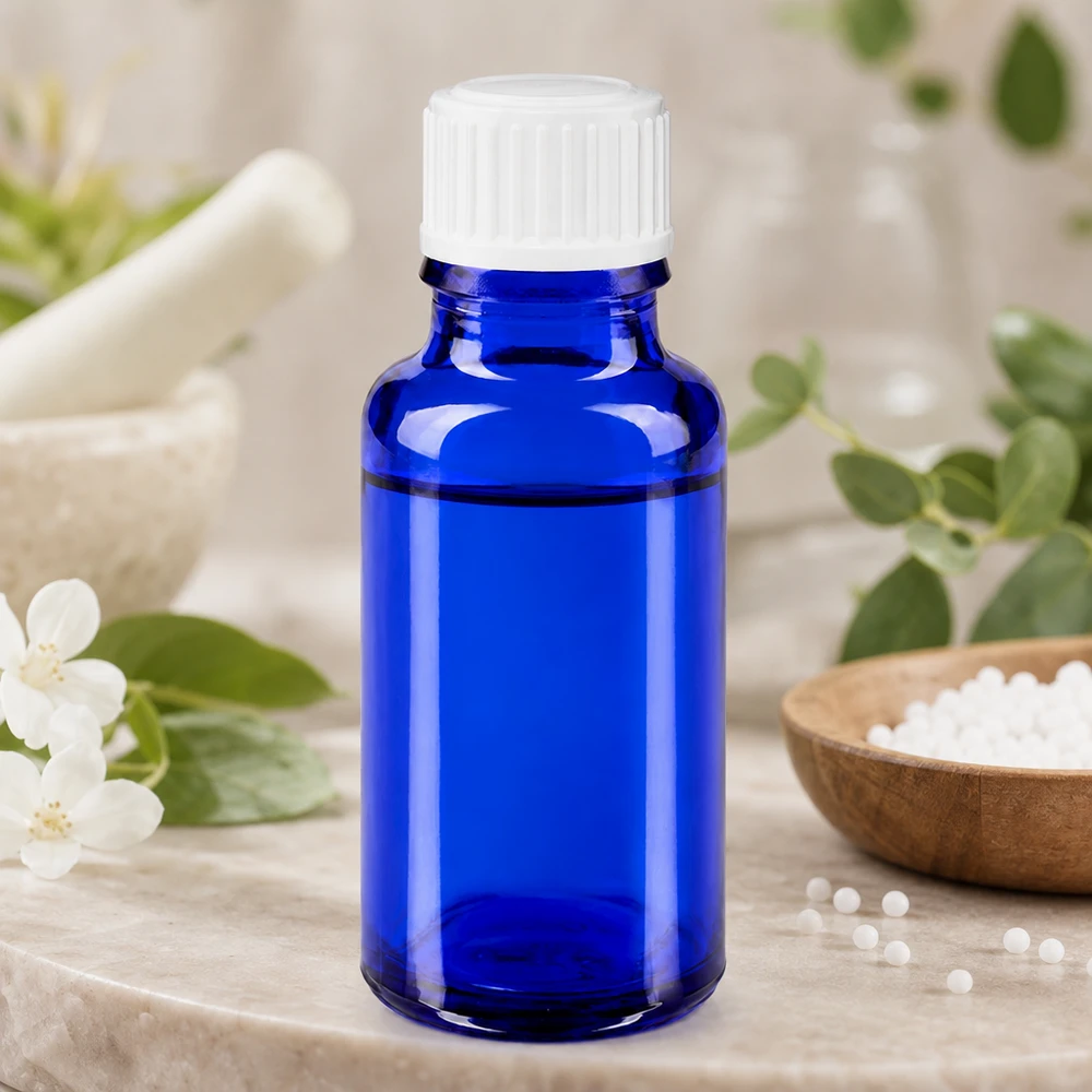 Lege blauwe apofles van 20 ml van borosilicaatglas met een witte SV STD-dop van 11 mm