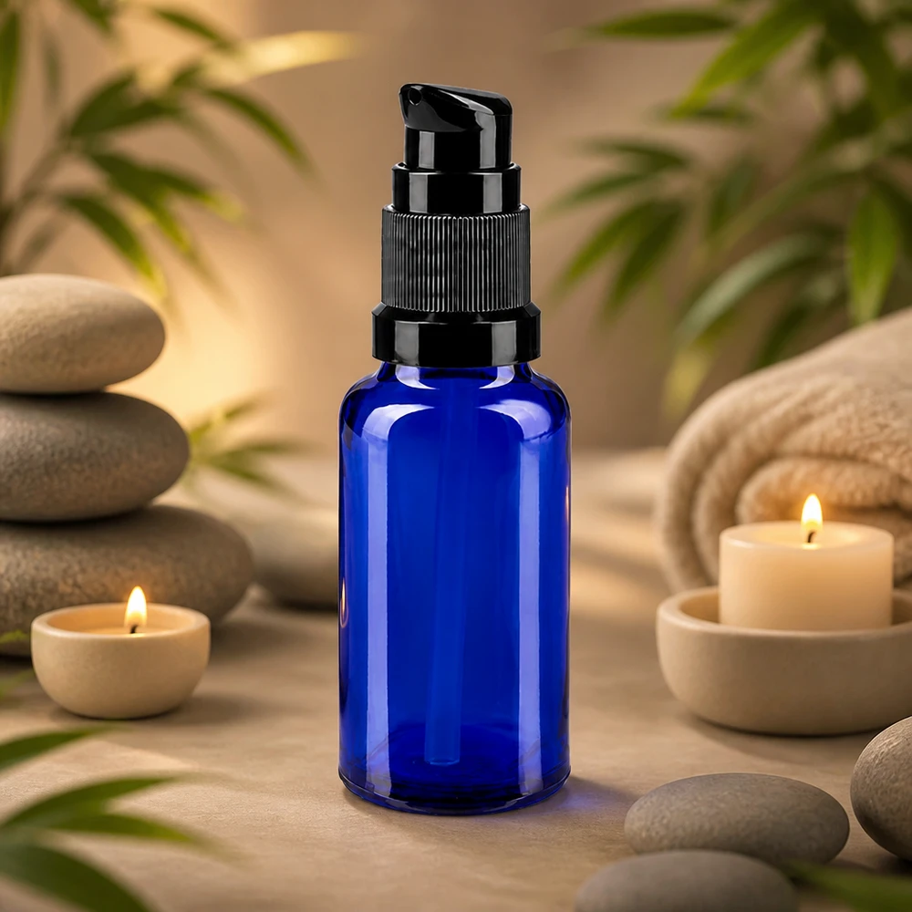 Blauwe glazen flessen 20ml met zwart pompsluiting Blauwe pompfles van hoogwaardig apothekersglas, 20 ml, voor etherische oliën en verzorgingsproducten