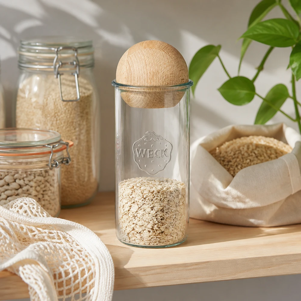 WECK RR100 1500ml mason jar gevuld met havervlokken, houten bal beuken deksel, zero-waste keukenopslag