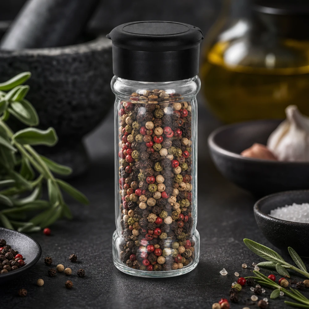 Zout-/kruidenpotje 100 ml met strooier, zwart Kruidenpotje van 100 ml met rode, groene en zwarte peper, naast een vijzel en zout in een stenen schaaltje