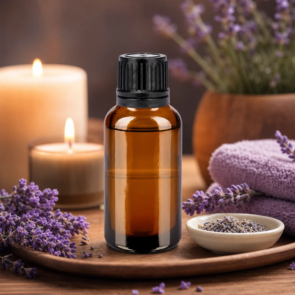 30 ml olieflesje van UV-beschermend amberkleurig glas met kindveilige dop