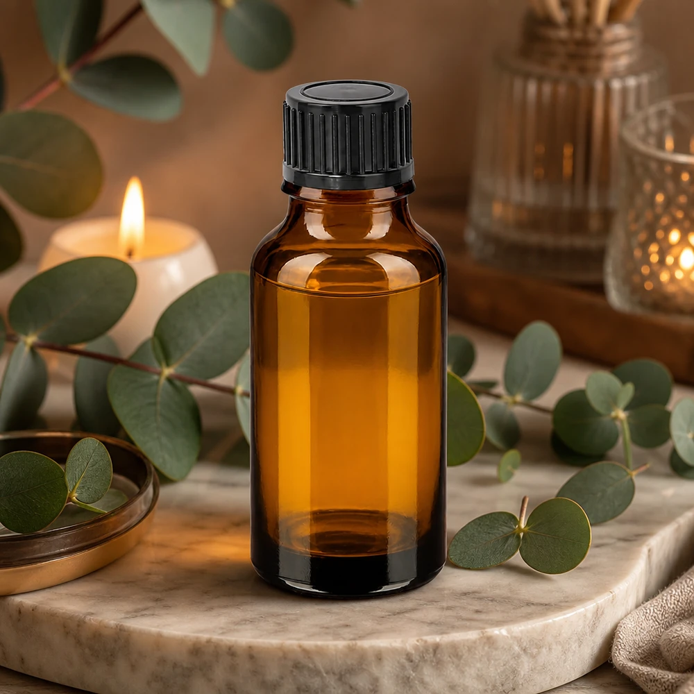 Elegant glazen flesje van 20 ml in amberkleur met mat zwart deksel voor professioneel gebruik
