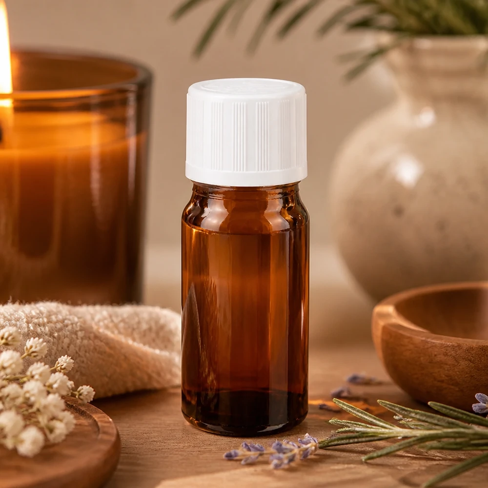 Kleine bruine glazen flesje van 5 ml met een witte veiligheidsdop op een houten ondergrond in een wellness-omgeving