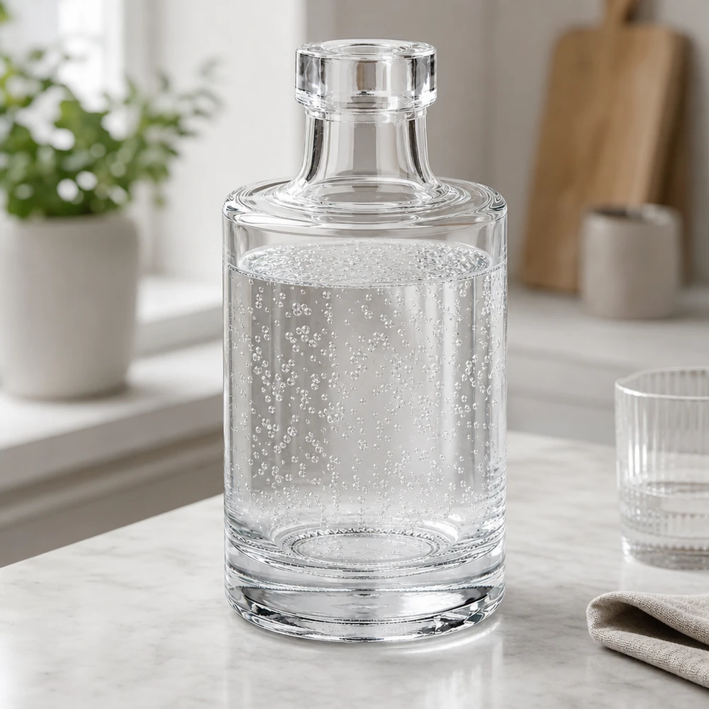 100ml glazen fles Marie met helder water en koolzuurbubbels in een elegante keukensfeer met glazen deksel