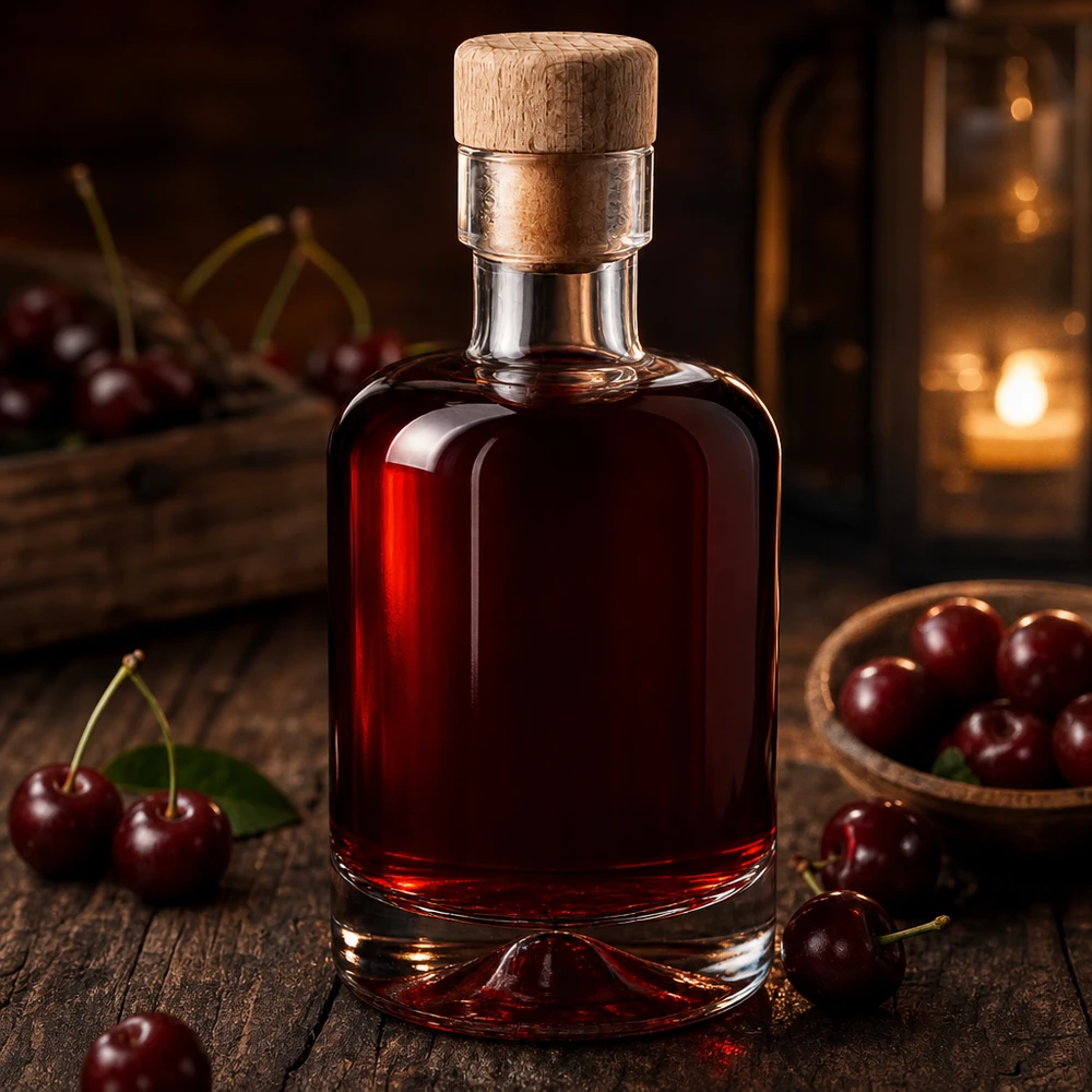 50ml glazen fles Amelie gevuld met donkerrode kersenlikeur tussen verse kersen rustiek gerangschikt op hout