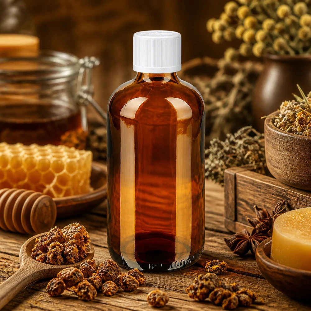 Apothekersflesje van 100 ml van bruin glas, met witte dop, kindveilige sluiting, natuurgeneeskundige ingrediënten
