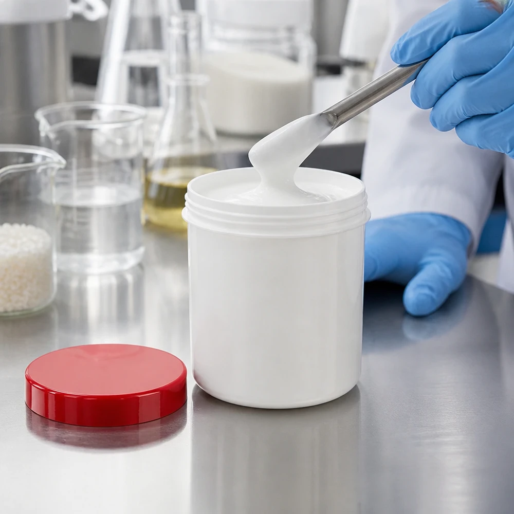Medische zalfpot van 50 ml, wit met een rode dop, omringd door laboratoriumbenodigdheden en grondstoffen