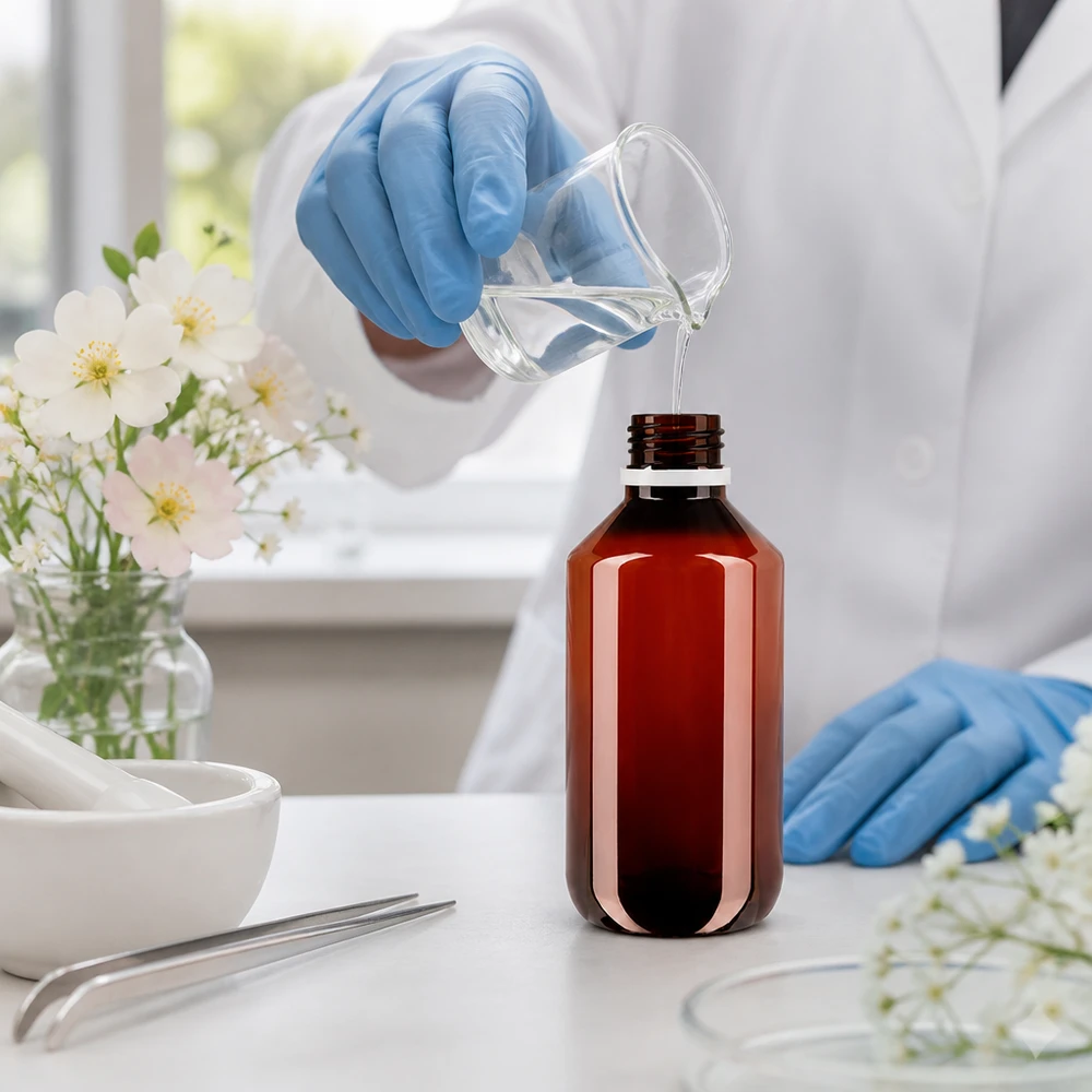 PET-fles 200ml met wit geribbeld OV Farmaceutische bewaarfles van 200 ml, bruin PET, met fraudebestendige witte dop