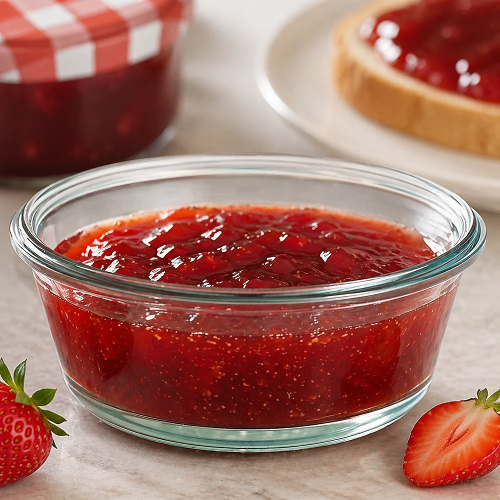 WECK RR120 gourmetglas van 300 ml WECK RR120 Gourmetpot 300ml gevuld met rode jam toont gebruik als jampot met aardbeien
