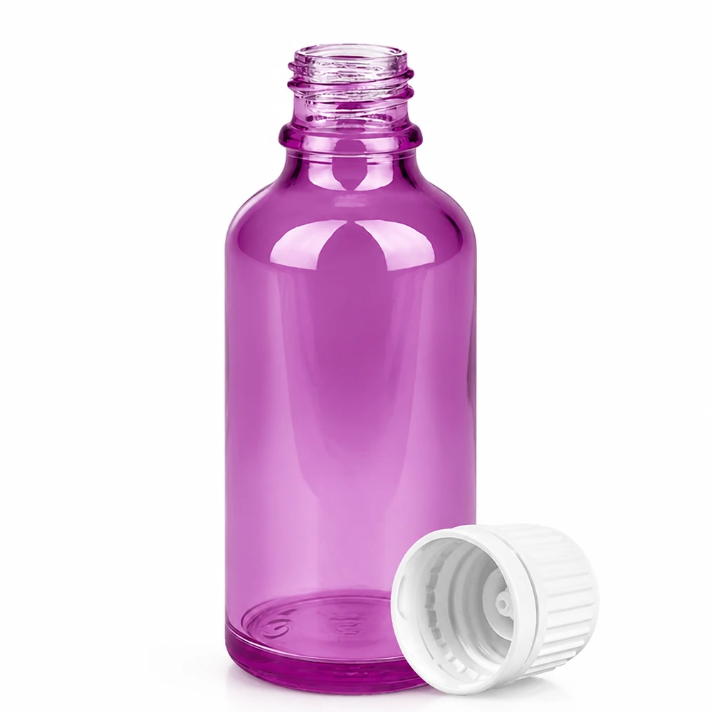 Kleine 50ml violette glazen fles met UV-bescherming, ideaal voor lichtgevoelige stoffen