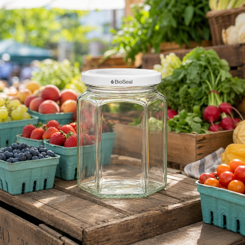 288ml hexaglas met BioSeal deksel wit UNiTWIST UNiTWIST Hexa288 leeg potje met wit TO63 BioSeal deksel op marktkraam tussen vers fruit en groenten