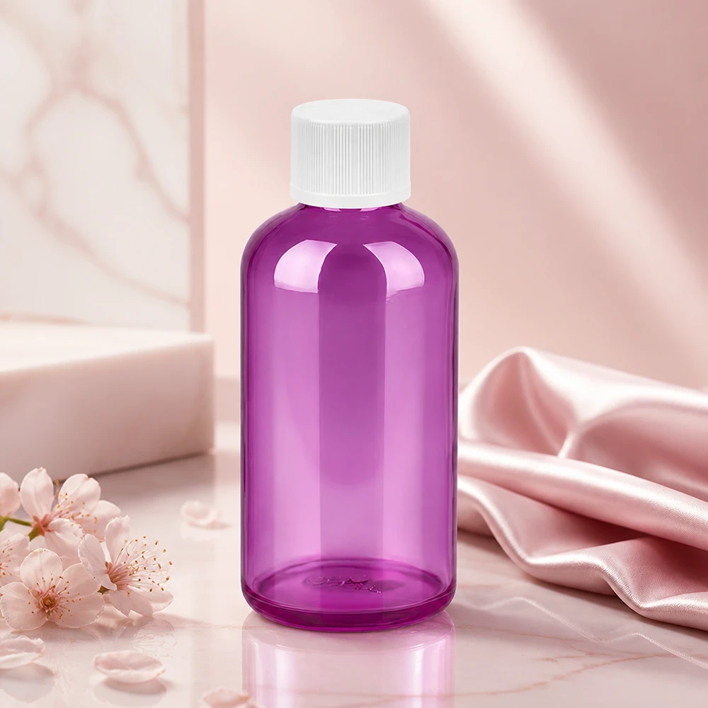 100ml fles 11mm schroefdop wit standaard kindveilige PurpleLine. UT18/100 Compacte 100 ml bewaarfles paarse tint met handige witte sluiting voor laboratorium- en schoonheidstoepassingen