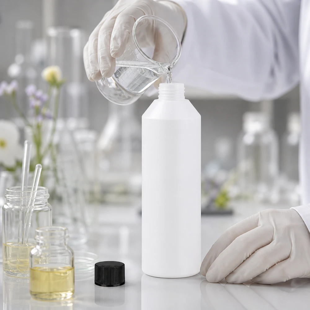 Witte, cilindrische HDPE-fles van 250 ml met een smalle opening en een zwarte veiligheidsdop