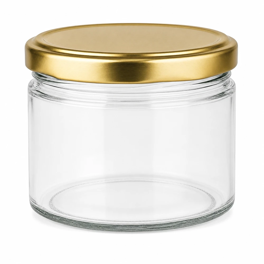 540ml ronde glazen pot leeg met gouden BasicSeal UNiTWIST deksel op witte achtergrond