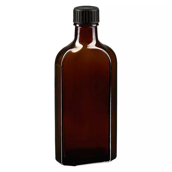 150 ml bruine meplatfles met DIN 22 monding, inclusief schroefsluiting DIN 22 zwart van EPE