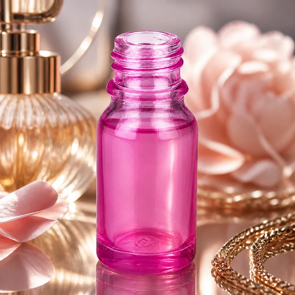 Hoogwaardige 10ml PurpleLine UT18/10 UNiTWIST glazen fles in transparant roze voor natuurlijke cosmetica