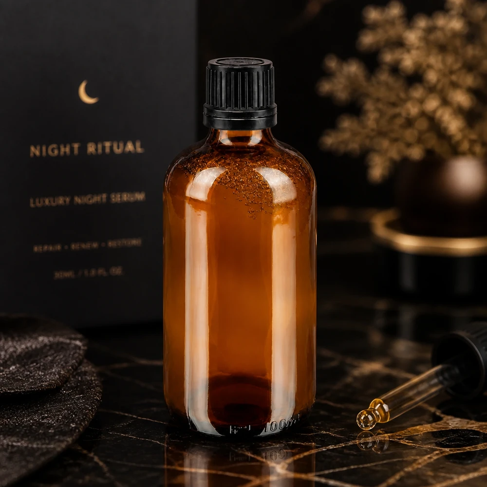 Cilindrische apothekersfles van 100 ml van bruin glas met OV-sluiting in een luxe cosmetica-uitvoering