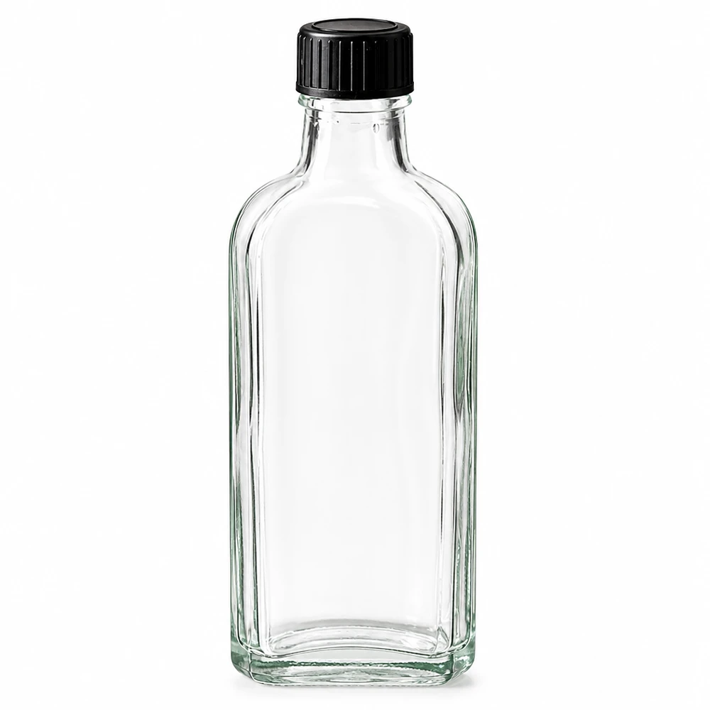 Lege rechthoekige glazen fles van 100 ml, helder, ideaal voor likeur, olie en cosmetica