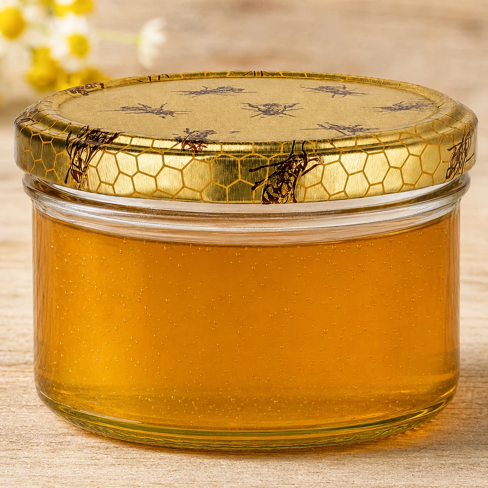 Honingpot 300g met goudgele honing en honingraatdeksel, close-up van de structuur van de pot en de consistentie van de honing