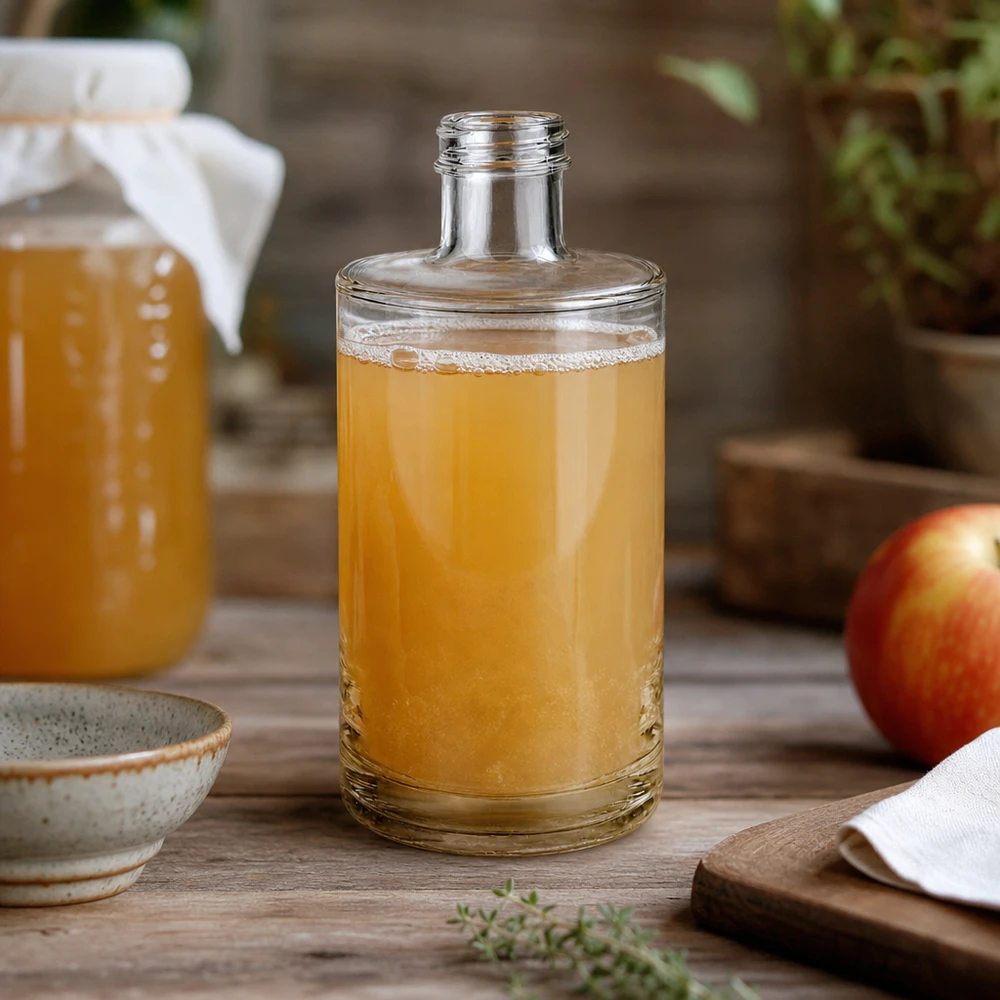 375 ml glazen fles Sam gevuld met appelsap op een rustieke houten tafel versierd met een verse appel en een keramische kom