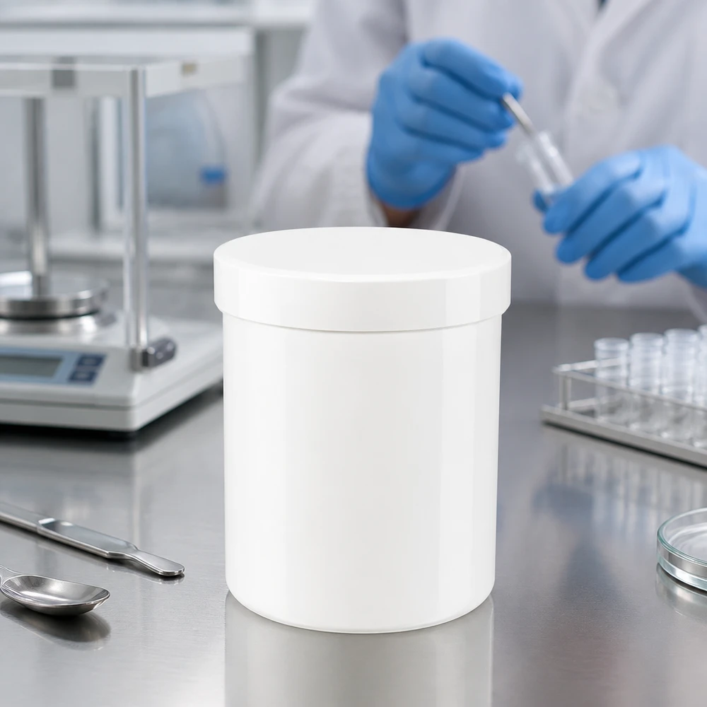 Een gesloten witte plastic pot van 250 g met schroefdeksel naast maatlepels en een petrischaal in het laboratorium