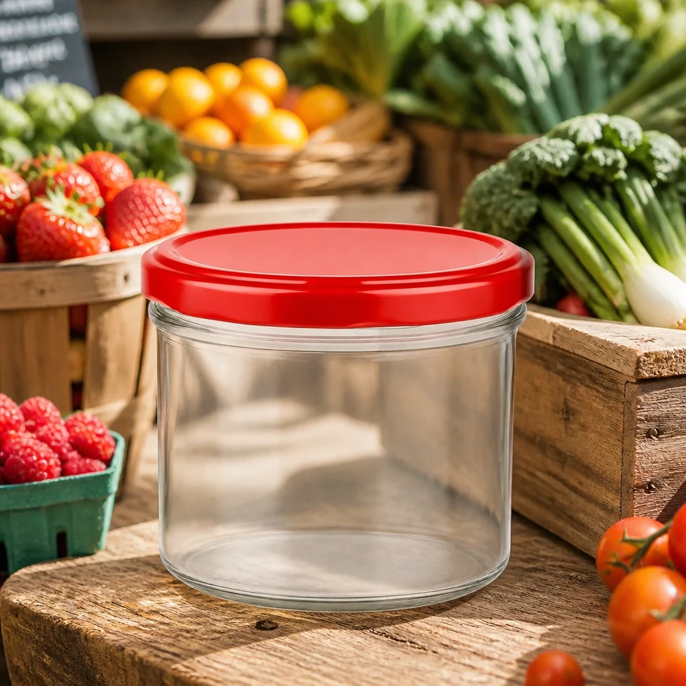 230ml cilindrische pot met rood deksel leeg op houten tafel omringd door vers fruit en groenten van de markt