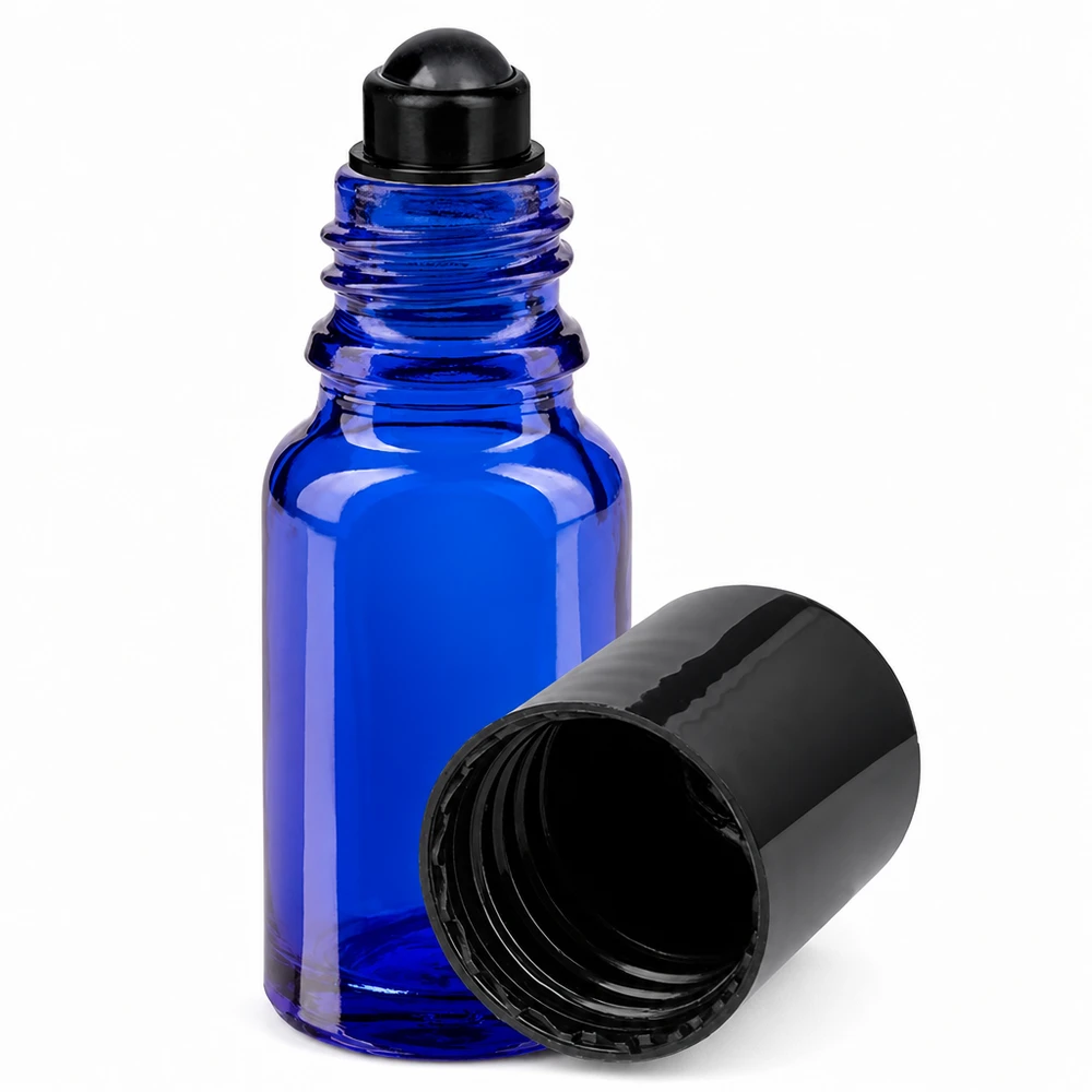 Glas deostick fles blauw 10ml, lege deo roller (Roll On) UV-bescherming, apothekersglas, roll-on-flesje van 10 ml in blauw met zwarte kogelapplicator, navulbaar